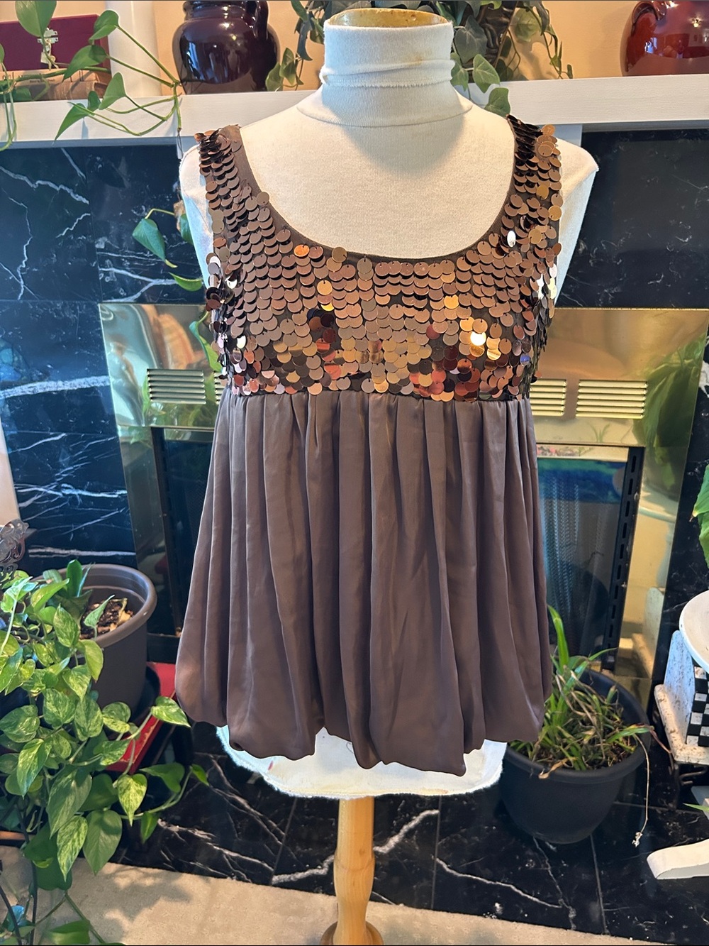 Women’s Brown Sequin-Embellished Sleeveless Tank Top